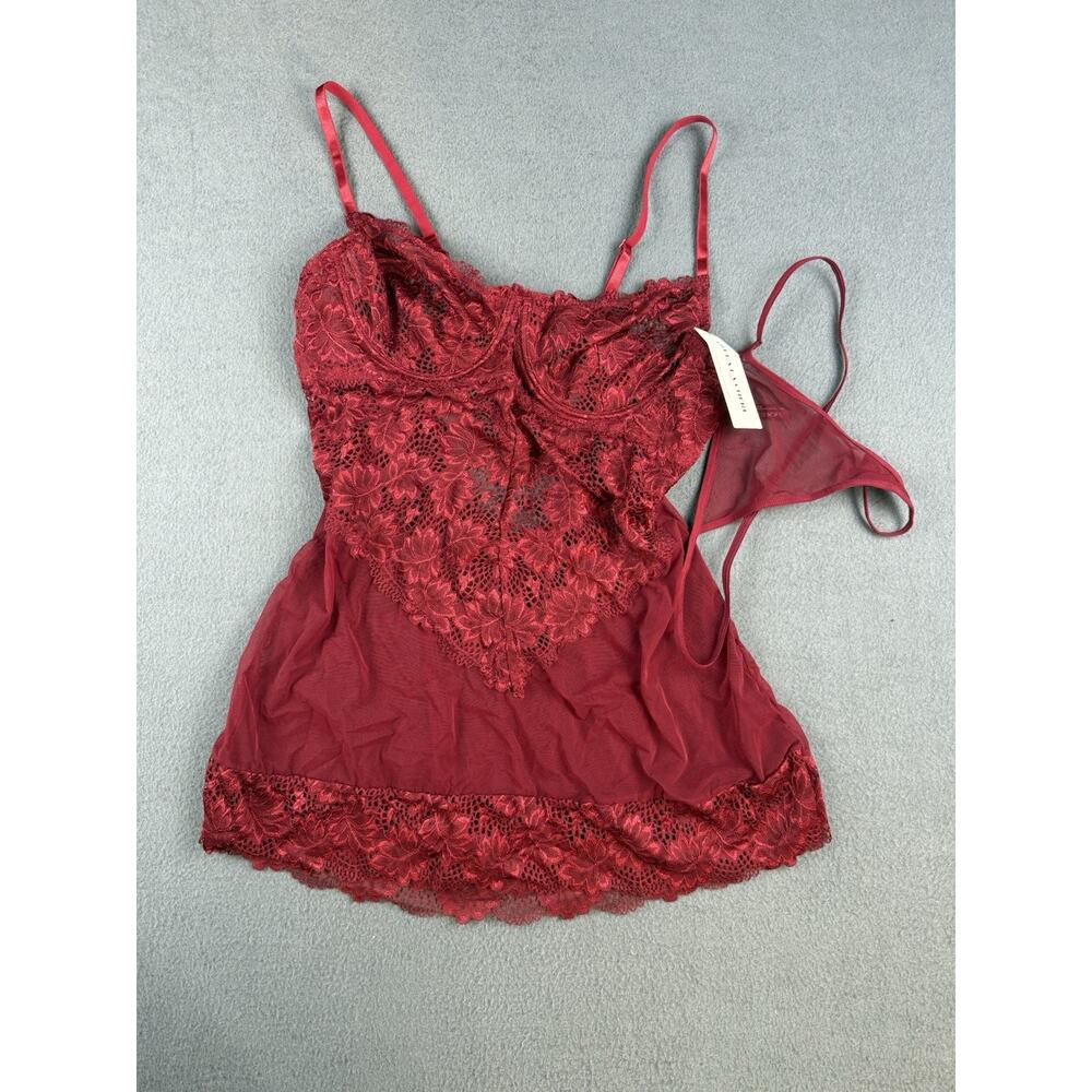 Oh la la Cheri Unlined Lace Cup Chemise with G-String Rhubard XL